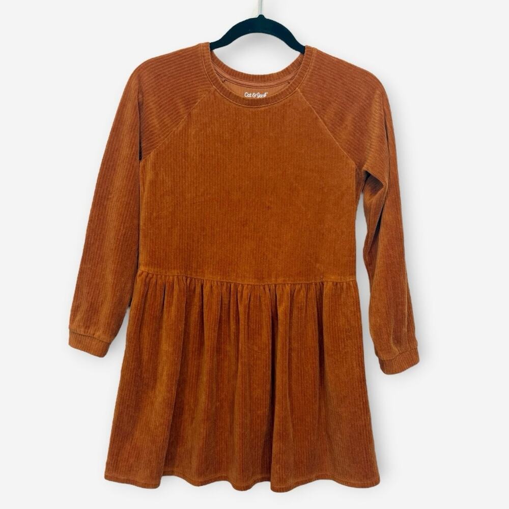 Girls cat & Jack long sleeve burnt orange ribbed velvety dress large 10/12